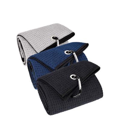 LUSTEMBER 3 Pack Large Size Golf Towels, 16" x 24" Tri-fold Premium Microfiber Fabric Waffle Pattern Whith Heavy Duty Carabiner Clip to Remove Sand, Mud, Grass and Dirt from Golf Accessories