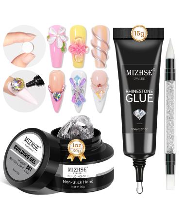 MIZHSE 30g Solid Builder Gel For Nails and 15g Rhinestone Glue for Nails Clear Nail Builder Gel Hard Gel for Nails 3D Nail Sculpting Gel Non-Sticky U V LED Nail Charm Glue Nail Art Salon Home DIY A-Clear solid builder gel+rhinestone glue