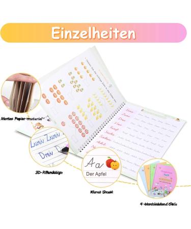Qianshouyan 4-Piece German Magical Booklet Set | Reusable Handwriting Exercise Book with Pen for Kids | 26x18cm Calligraphy Numbers Drawing & Letters Learning - Buy Online on SooperMarket.com