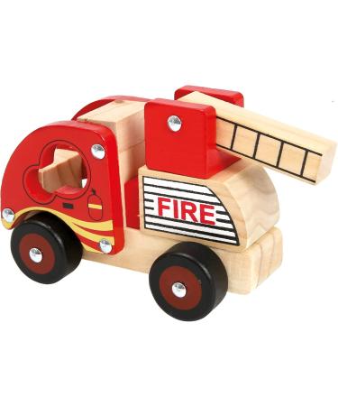 Bino Holzauto Feuerwehr - Wooden Fire Truck Toy for Kids 12 Months+ | Fold-Out Ladder PVC Tires Promotes Hand/Eye Coordination - 17x12x9 cm Red - Buy Online on SooperMarket.com