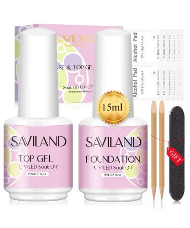 Saviland Gel Nail Polish Base and Top Coat-15ml*2 Shiny No Wipe Gel Top Coat and Base Gel Nail Polish Soak Off Clear Gel Polish Nail Accessories, for Starters Nail Salon Home DIY Ideal Gift