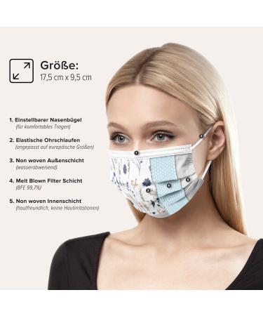 HARD 100 Piece Disposable Face Masks | Made in Germany | CE Certified | Triple Layer Filtration | Floral Design | Elastic Earloops | Adults | 17.5cm x 9.5cm - Buy Online on SooperMarket.com