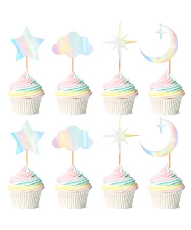 Cyodoos 24 Pack Laser Glitter Moon and Star Cupcake Toppers Sweet Baby Gender Reveal Cupcake Picks Baby Shower Kids Girls Birthday Party Kids Birthday Wedding Party Cake Decorations Supplies Laser1