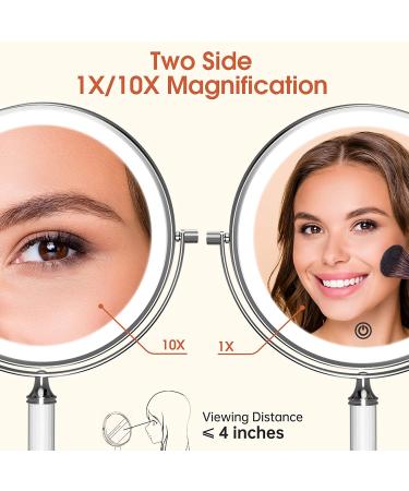 Rechargeable 8 inch Lighted Makeup Mirror with 10X Magnification - 2-Sided Vanity Mirror with Dimmable LED Lights - 360 Degree Adjustable Silver Finish - Buy Online on SooperMarket.com