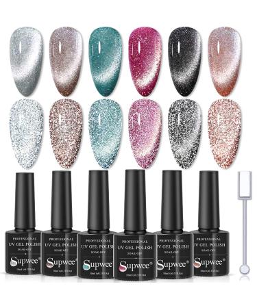 SUPWEE Reflective Glitter Cat Eye Gel Nail Polish Set 6 Colors Reflective Cat Magnetic Eye Sparkling Diamond Gel Polish Soak Off UV Gel Kit 041