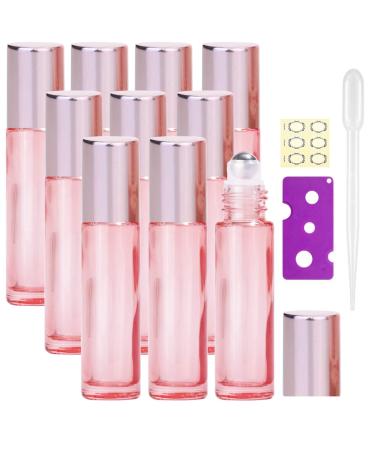 Alledomain 10Pcs 10ml Essential Oil Roller Bottles Refillable Transparent Rose Gold Glass Roll on Bottles Clear Roll Bottles with Stainless Balls & Rose Gold Cap Include Label Dropper & Opener Color 1
