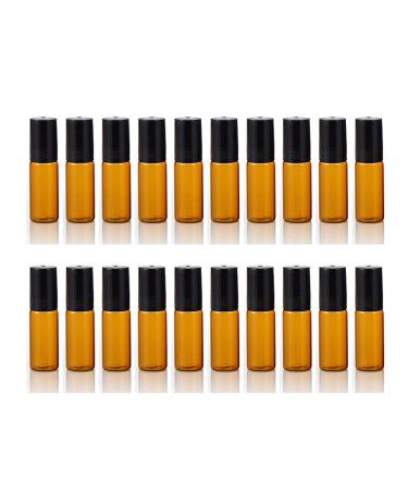 ELFENSTALL- 20PCS 5ml Amber Glass Roller Bottles Roll On Bottle Container with Metal Ball for Essential Oil Aromatherapy Perfumes and Lip Balms - 3ML Dropper Included