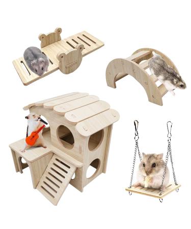 Eyksta 4 Pieces Hamster Toys Including Wooden Hamster House Seesaw Bridge and Swing Boredom Breaker Activity Toys for Gerbil Guinea pig Syrian Hamster Dwarf Hamster