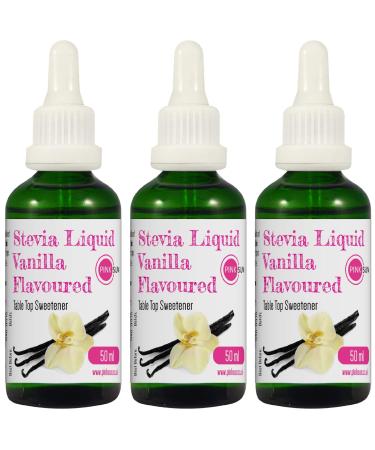 PINK SUN Stevia Liquid Sweetener Drops 50ml Vanilla Flavoured x 3 Glass Dropper Bottles Natural Sugar Alternative Replacement Vegetarian Vegan Gluten Free Low Carb Non GM Zero Calories Bulk Buy Vanilla x 3