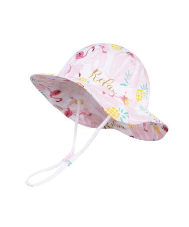 LANGZHEN Beach Sun Protection Hat for Baby Girls Adjustable Toddler Kids Hat Wide Brim Summer Play Hat with Chin Strap Flamingo-pink 6-12 Months