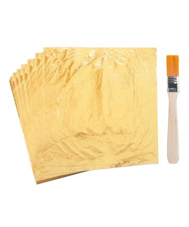 KINNO Gold Leaf Sheets, 100 pc 5.5" Gold Foil Paper for Arts Craft, Painting, Gilding, Slime, Nail Design, Furniture Decoration(Brushes as Gifts)