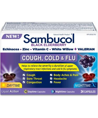 Sambucol Black Elderberry Cough Cold and Flu Day/Night| Helps Relieve Congestion Fever Sore Throat & Head Pain | Black Elderberry White Willow| 24 Hard Capsules (18 Day/6 Night) - Buy Online on SooperMarket.com