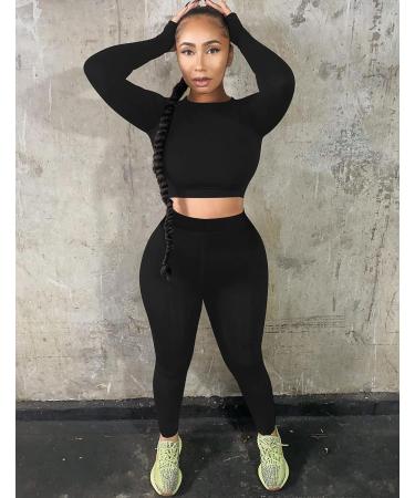 Kaximil Women's Workout Tracksuit Set - Long Sleeve Crop Top & High Waist Legging Pants - X-Large Black - Buy Online on SooperMarket.com