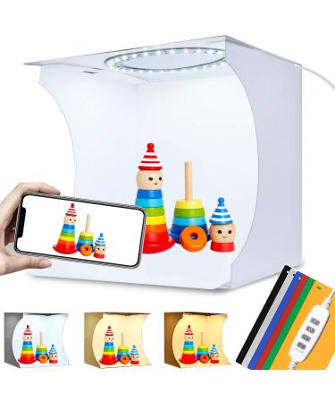 DUCLUS Adjustable Light Photo Studio Box, Mini Photo Light Box, Portable Photography Lighting softbox 6 Color Backdrop kit with Ring White Light 6500K Warm Light 3200K 24cm x 23cm x 23cm