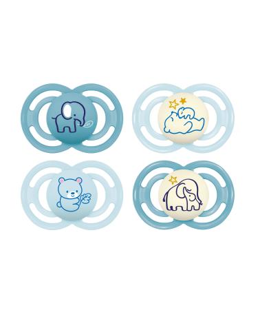 Mam Perfect Day & Night Schnuller in the 4-Set bright in the dark tooth-friendly baby pacifier from sustainable & organic-renewable materials with pacifier box 16+ months bear/elephant 16+/silicone/day & night blue/elephant/bear