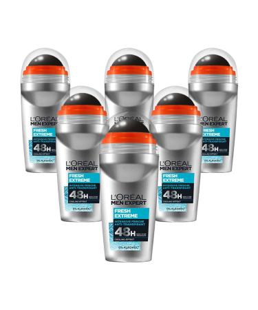 L'Or al Men Expert Cooling Deodorant for Men Intensive Roll-On Deodorant for 48 Hours Ultra Cooling Effect Fresh Extreme 6 x 50 ml