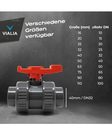 VIALIA 40mm PVC Ball Tap - Double Union Shut-Off Valve for Pool & Pond Construction | Ideal for Aquaristics & PVC Pipe Connections - Buy Online on SooperMarket.com
