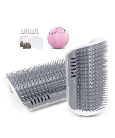 JEEZAO 2 Pack New Version Long Cat Self Groomer Wall Corner Grooming Brush Cat Massage Comb Scratcher with Catnip Bag and Ball Lengthen Comb Teeth (gray)