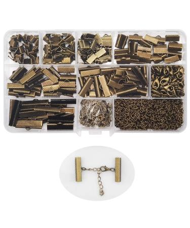 Inspirelle 100 Sets Assorted Size Bronze Ends for Ribbon Bracelet Bookmark Making Crimps Kit with Lobster Clasps and Chain Extenders