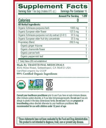 Traditional Medicinals - Organic Echinacea Plus Elderberry Herbal Tea (Pack of 6) - Help Fight off Respiratory Tract Infections - 96 Tea Bags Total Echinacea Plus Elderberry 16 count (Pack of 6) - Buy Online on SooperMarket.com