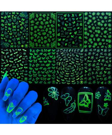 8 Sheets Luminous Nail Art Stickers Decals  Nail Supplies 3D Self-Adhesive Nail Decals Flowers Leaves Feather Floral Butterflies Dragonfly Glow in The Dark Nail Designs for Manicure Accessories Craft