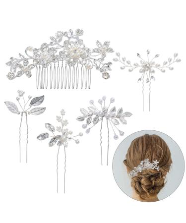 5 Pieces Wedding Hair Comb Bridal Hair Pins Set Silver Crystal Pearl Hair Side Comb U-shaped Flower Rhinestone Wedding Hair Accessories for Bride Bridesmaid Prom 5 Pcs Flower