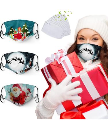 Primicity Christmas Face Masks for Adults 3PCS +Filters - Christmas Masks Reusable/Adjustable/Washable Christmas Face Mask - Comfortable Festive Face Masks- UK Seller Christmas Masks 3pcs +10F