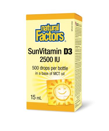 Natural Factors SunVitamin D3 Drops 2500 IU 15ml 500 Drops per bottle MCT Oil Base Essential for Immune Function and Overall Health