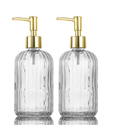 Versatile Glass Soap Dispenser Bottle with Pump 14 Oz Dripless Pump Bottle Refillable Liquid Hand Jar Dispenser for Bathroom Countertop Kitchen Laundry Room(Clear 2 Pack)