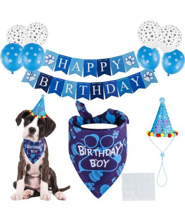 TCBOYING Dog Birthday Bandana, Dog Birthday Boy Hat Scarfs Flag Balloon with Cute Doggie Birthday Party Supplies Decorations(11-Piece Set) (Blue)