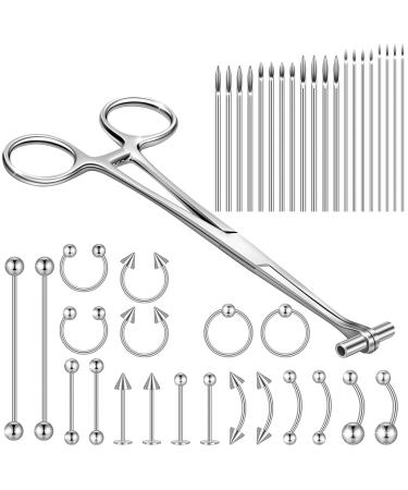 41 Pieces Body Piercing Tool Kit Include Septum Forceps Clamp Pliers 20 Pcs 316L Stainless Steel Piercing Needles and 20 Pcs Nose Ring Hoop Jewelry for Ear Lip Belly Navel Tongue (Classic Style)