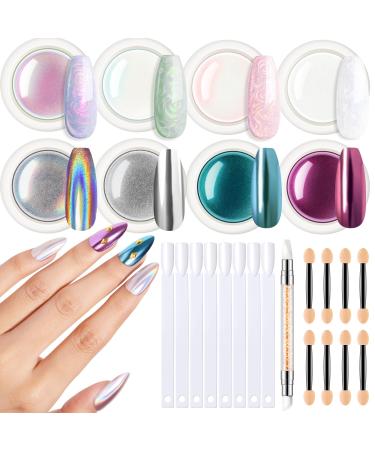 Modelones Chrome Powder for Nails 8pcs Magic White Pearl Chrome Nail Powder Kit Mirror Effect Chrome Powder Holographic Nail Powder Pigment Glitter Nail Powder Nailr Art Decoration Stardust