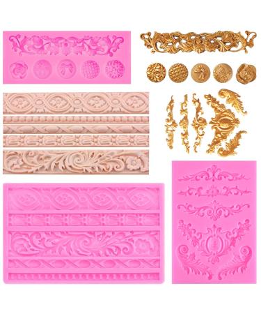 Arcemain 3 Pcs DIY Baroque Style Cake Border Curlicues Silicone Mold Baroque Scroll Lace Fondant Mold Vintage Curlicues Relief Lace Mould for DIY Cake Decoration  Baking  Polymer Clay  Resin  Pink
