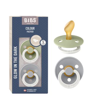 BIBS COLOUR Anatomical Glow Schnuller 2-pack BPA-free.Lights up in the dark jaw -friendly shape.Natural rubber/latex made in Denmark.Size 2 (6-18 months) Sage Glow / Cloud Glow 6-18 months (2 Pack) Sage Glow / Cloud Glow