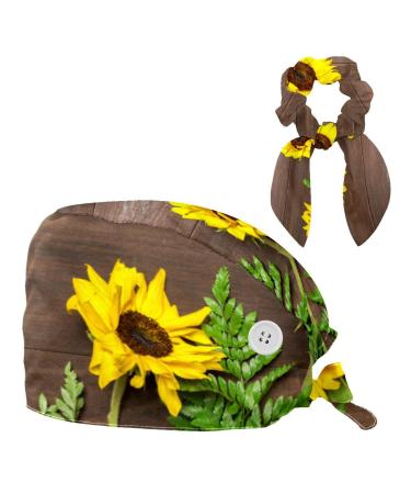 Nurse Scrub Caps Women Long Hair Sunflowers White Wooden Adjustable Working Cap with Button and Bow Hair Scrunchie Multicoloured 9