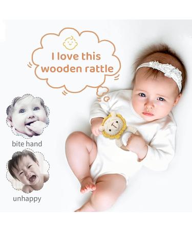 Wooden Baby Rattle - Crochet Lion Newborn Toy with Natural Wood Teething Ring - Handmade Gift for Boys and Girls - Buy Online on SooperMarket.com