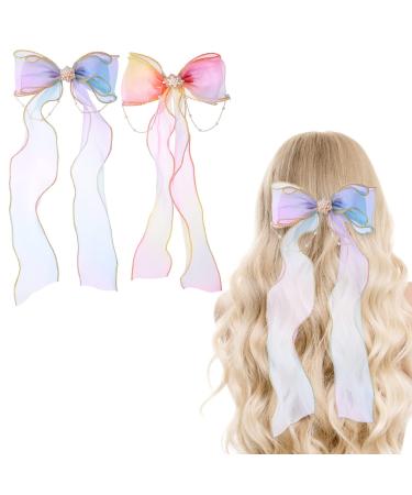 WLLHYF 2 Pcs Hair Bows Colorful Ribbon  Princess Ribbon Pearl Tassels Girls Hair Accessories Embroidery Alligator Clips for Girls Kids Teens Women Princess Wedding Birthday Party Colorful B