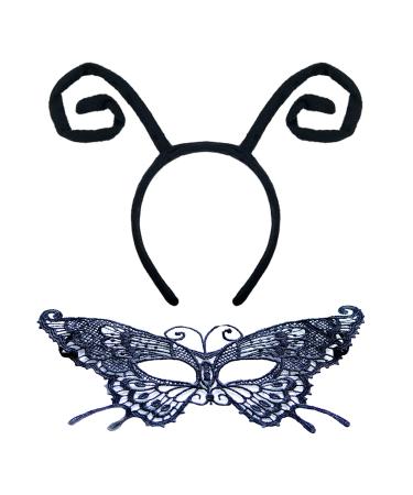 2 Pcs Halloween Butterfly Antenna Headband Lace Mask Black Hair Hoops Masquerade Masks Headpiece Hairband Hair Bands Women Christmas Party Decoration Cosplay Costume Cute Dress Up Hair Accessories