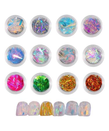 Glass Paper Nail Stickers 12 Jars Aurora Irregular Laser Cellophane Nail Art Flakes Broken Glass Pieces Stripe Line Paper Nail Decals for Nail Art Design Decorations DIY Crafts