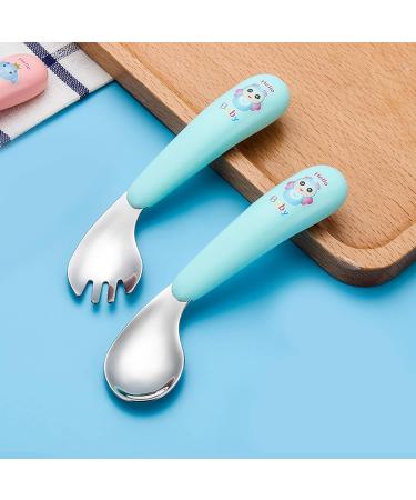 Silent Children Cutlery Set | Curved Handle Stainless Steel Baby Fork & Spoon | Heat-Resistant Self-Learning Feeding Utensils (Green) - Buy Online on SooperMarket.com