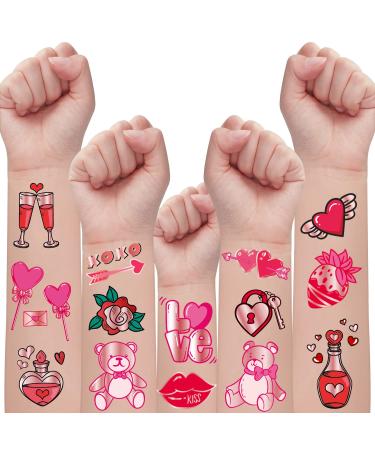 Partywind 60 PCS Rose Gold Metallic Glitter Temporary Tattoos for Valentines Day Decorations  Valentines Gifts Party Favors Supplies for Kids  Romantic Heart Decor Accessories (4 Sheets)