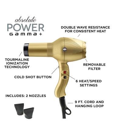 Gamma+ Absolute Power & Absolute 2000 Professional Tourmaline Ionic Hair Dryer - Unisex Gold Includes 2 Concentrator Nozzles - International Shipping Available - Buy Online on SooperMarket.com