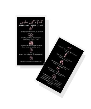 Boutique Marketing LLC Lash Lift + Tint Aftercare Instruction Cards | 50 Pack | 2x3.5 inches Business Card Size | Eyelash Lift and Tint Aftercare Kit | Black and Rosey Pink Design