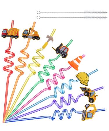 Reusable Construction Theme Birthday Party Straws Construction Theme Plastic Curly Drinking Straws Silly Straws for Kids Tractor Birthday Supplies Party Favors with 2 Pcs Cleaning Brushes(16 Pcs) Construction-2