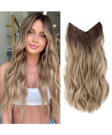 Ms TAj Halo Hair Extensions Invisible Wire 20inch with Adjustable Size Ombre Blonde Long Halo Hair Extensions with Removable Clips One Piece Curly Hair Pieces for Women 20 Inch Natural Blonde with Dark Root