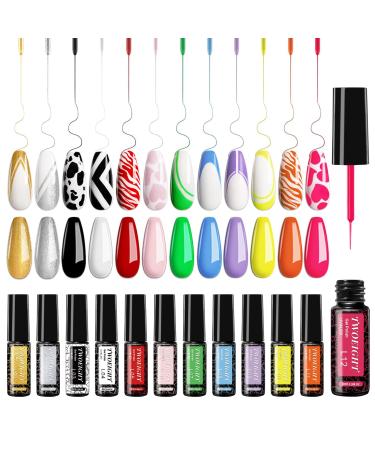 Gel Nail Polish Liner Nail Art 12 Colors 8ml UV Lamp Soak-off Polishes Pigmented Red Pink Glitter Built Thin Brush in Bottle Manicure DIY at Home Salon Quality Gift for Women for Mom