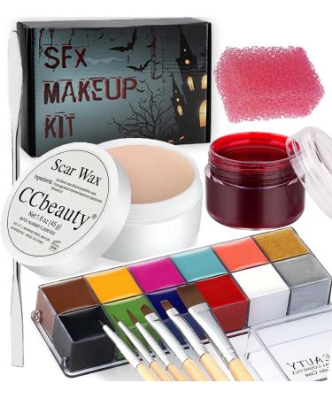 CCbeauty 12 Color Face Body Paint kit Oil Fake Wound Scar Wax (1.6Oz) Fake Coagulated Blood Gel(0.63Oz) Spatula 6 Wooden Brushes Stipple Sponge Halloween SFX Special Effects Stage Costume Makeup 03-12 Colours With Scar Wax And Fake Blood Set