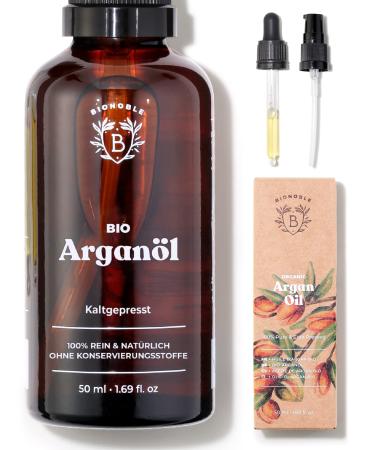 Bionoble argan oil organic 50ml - 100% pure natural cold -pressed - face body hair beard nails - vegan and cruples free - argan oil - glass bottle + pipette + pump argan oil (1 Pack) single