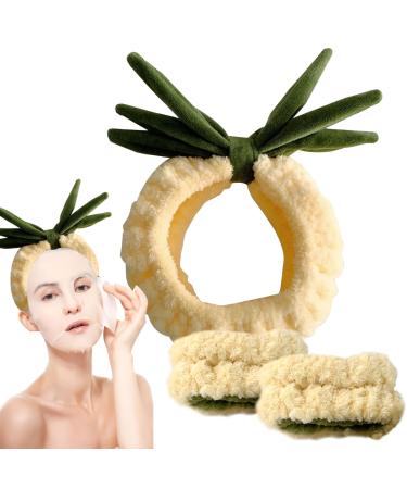 Face Washing Wristbands and Headband Set Pineapple Face Wash Headband Coral Fleece Spa Headband Set Cute Plush Hair Holder for Washing Face Face Wash Headband