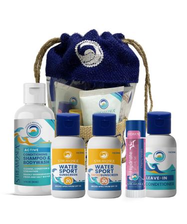EcoConscious Travel Kit Body & Hair Care Gift Set | Shampoo & Body wash | Conditioner | SPF30 SPF20 and Mineral Sunscreen | SPF 30 Cucumber Mint and Hydrate Cherry Vanilla Lip Balm by Stream2Sea